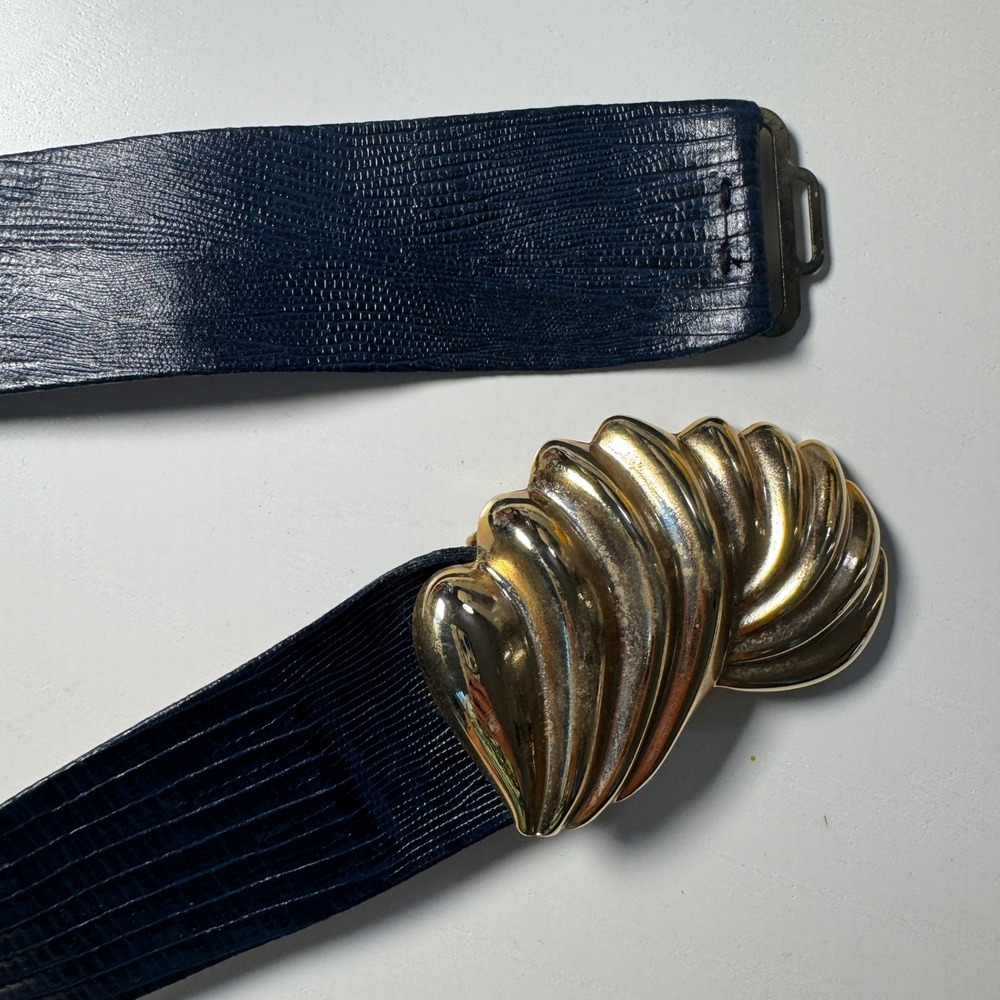 Vtg 80s Navy Lizard Embossed Leather Belt Gold Shell Buckle Boho Nautical Glam S